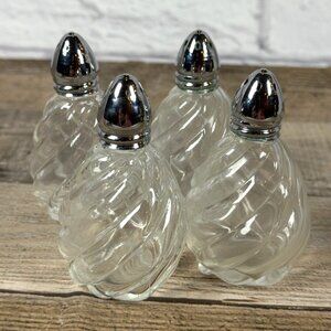 Set Of 4 Clear Glass I Rice Swirl Salt Pepper Mini Shakers Japan 1950s Vintage